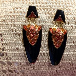 Vintage Edgar Berebi Deep Tangerine, Black and Gold Tone Enamel Dangle Earrings